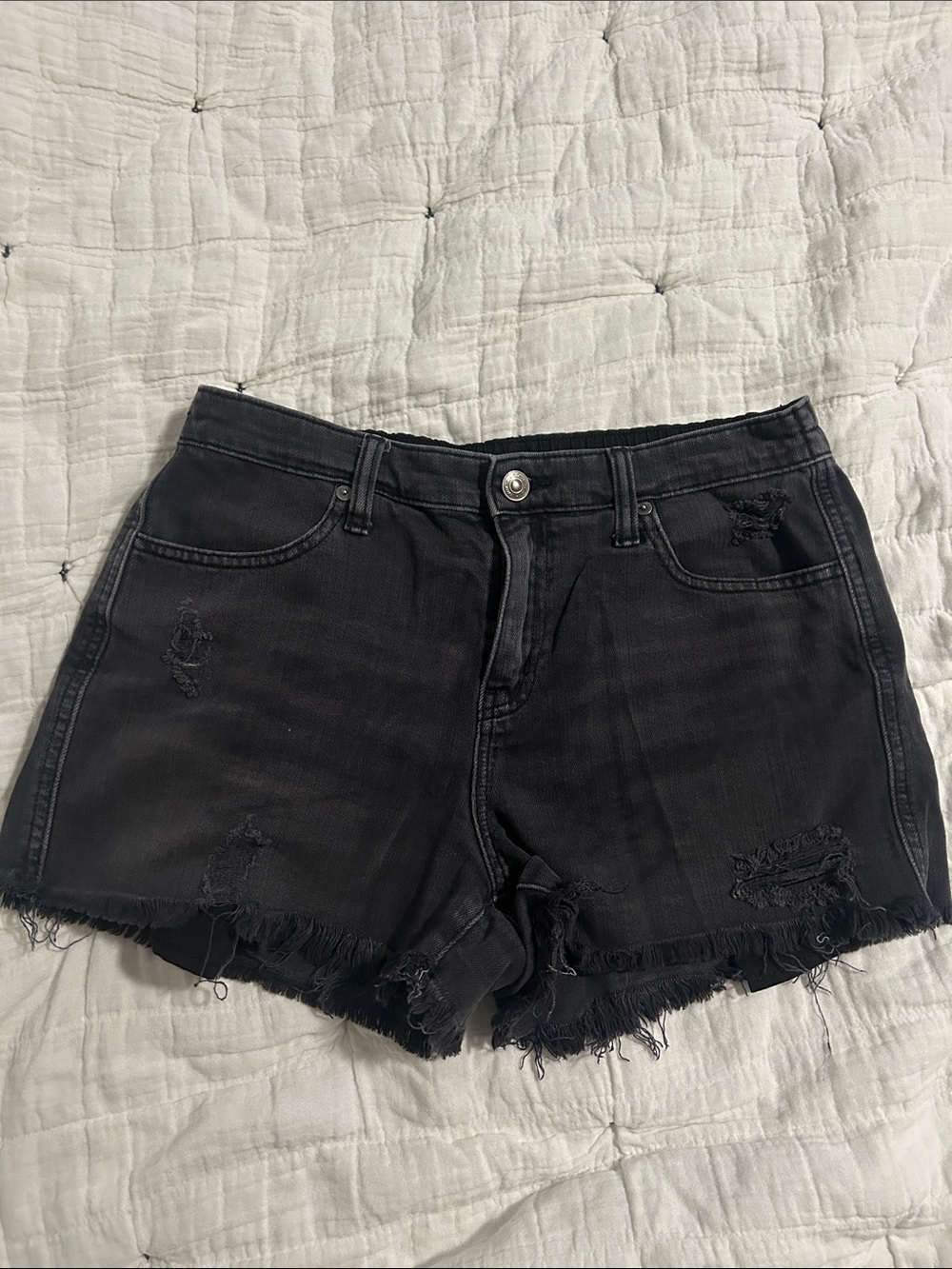 aerie Black Distressed Frayed Hem Denim Shorts